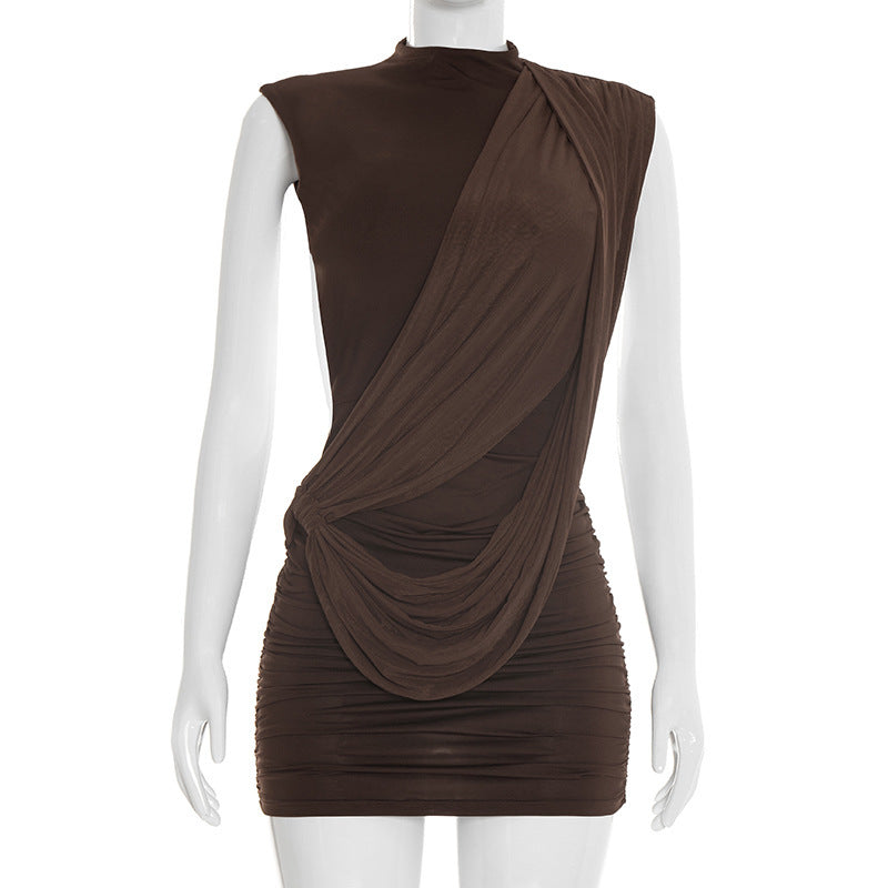 Damen figurbetontes Minikleid mit drapierter Schulterpartie und Raffungen Drune