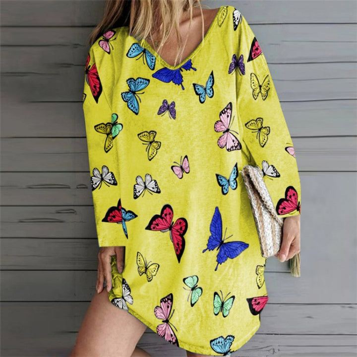 Damen lässiges Strandkleid mit buntem Schmetterlingsmuster und weiten Ärmeln Drune