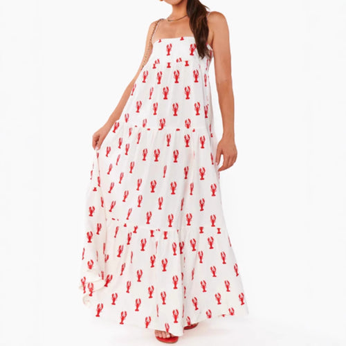 Damen nan trägerloses Stufenmaxikleid mit Bandeau-Oberteil lockerer A-Linie und maritimem Hummer-Print Drune