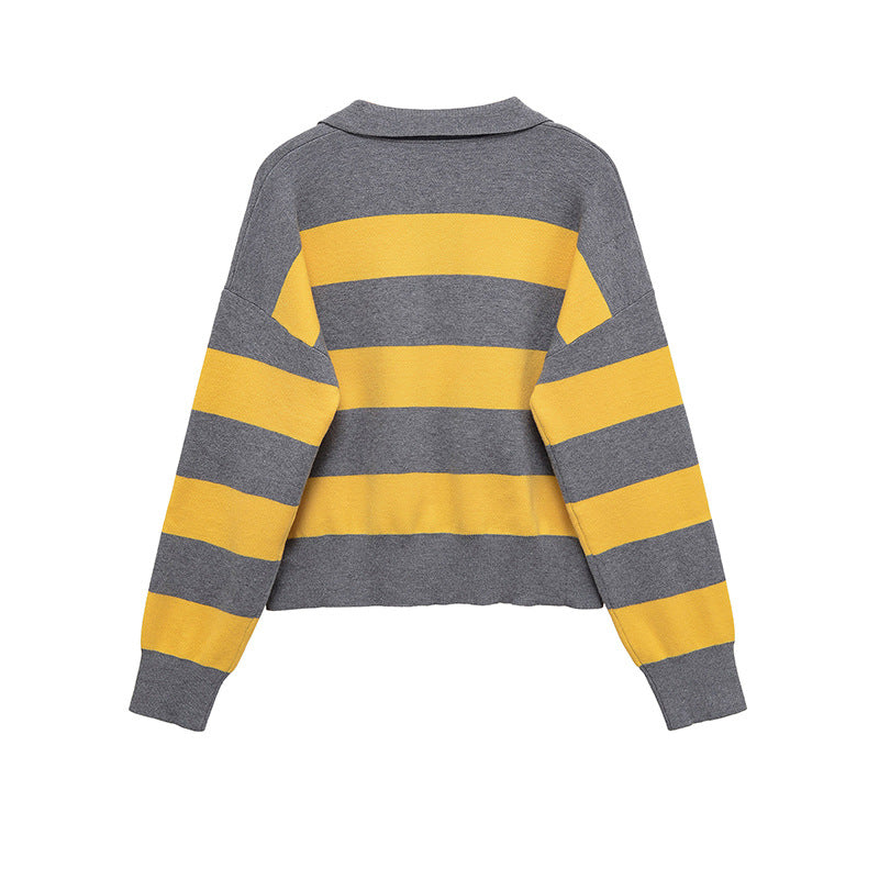 Damen lässiger Strickpullover mit stylisierten Streifen und Polokragen Drune
