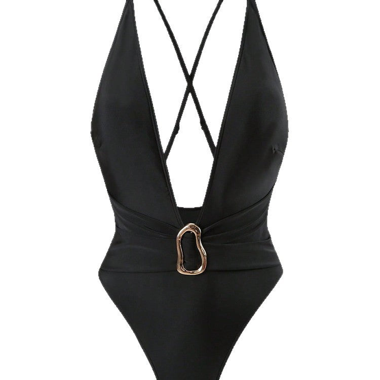 Damen Einteiler Badeanzug mit tiefem V-Ausschnitt und elegantem Schmuckdetail Drune