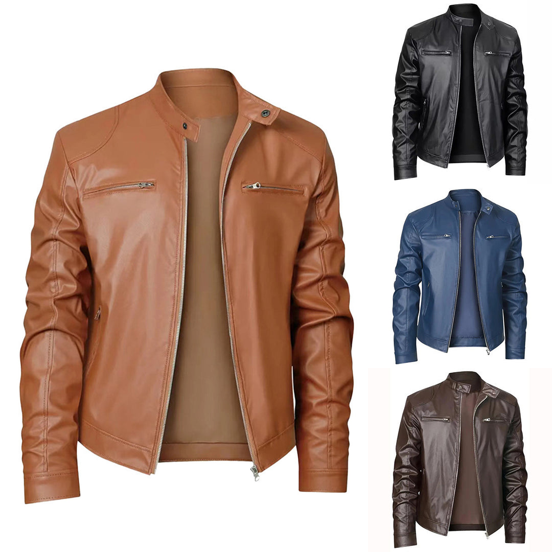 Herren nan schlanke Kunstleder-Bikerjacke mit Stehkragen, durchgehendem Reißverschluss und zwei Brusttaschen Drune