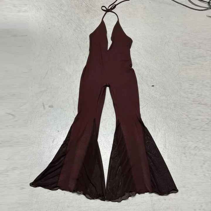 Damen Flared Jumpsuit mit tiefem V-Ausschnitt und transparenten Rüschen Drune
