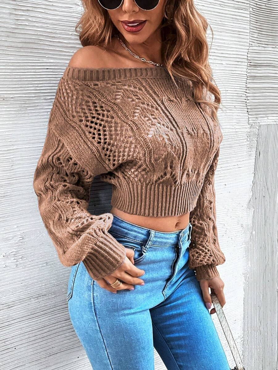 Damen Cropped Strickpullover mit modernem Ajour-Muster und breiten Ärmeln Drune