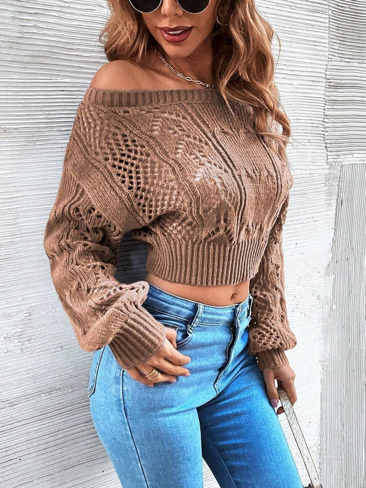 Damen Cropped Strickpullover mit modernem Ajour-Muster und breiten Ärmeln Drune