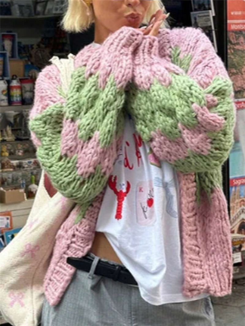 Damen grob gestrickter Cardigan mit Zickzackmuster Drune