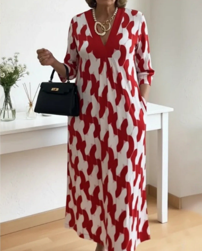Damen lässiges Maxikleid mit elegantem V-Ausschnitt und praktischen Seitentaschen Drune
