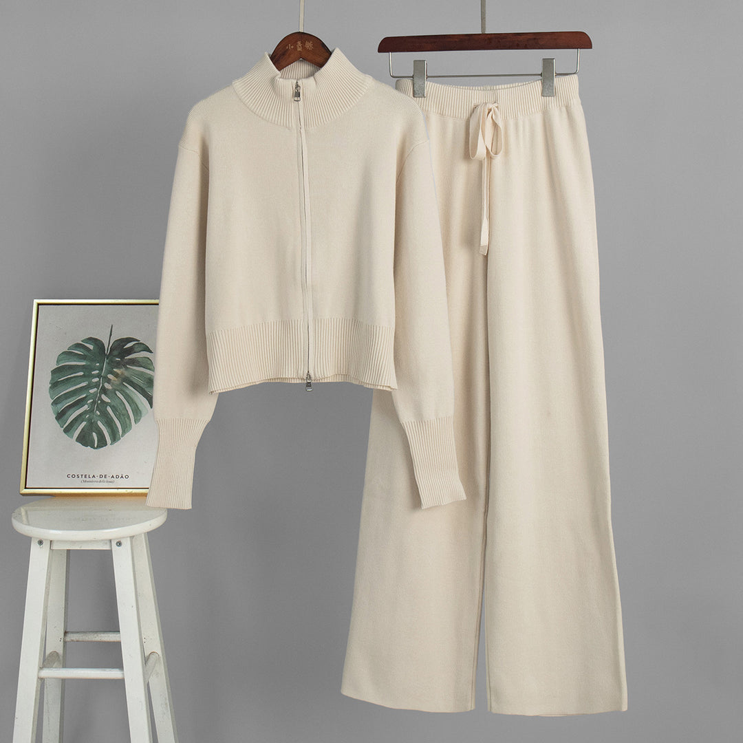 Damen Modisches Strickensemble mit Zip-Kragen und weitem Schnitt Drune