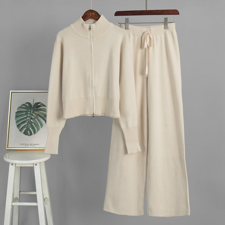 Damen Modisches Strickensemble mit Zip-Kragen und weitem Schnitt Drune