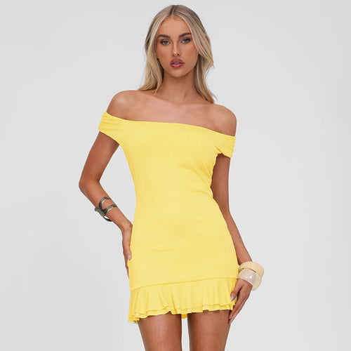 Damen Figurumspielendes Mini-Kleid mit schulterfreiem Design und raffinierten Rüschendetails Drune
