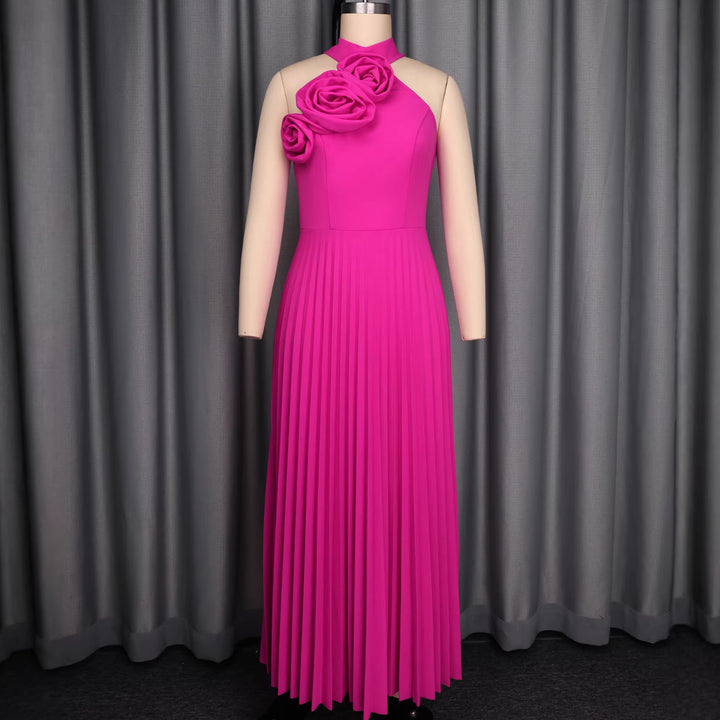 Damen Elegantes Plissiertes Maxikleid mit dekorativen Rosen Drune