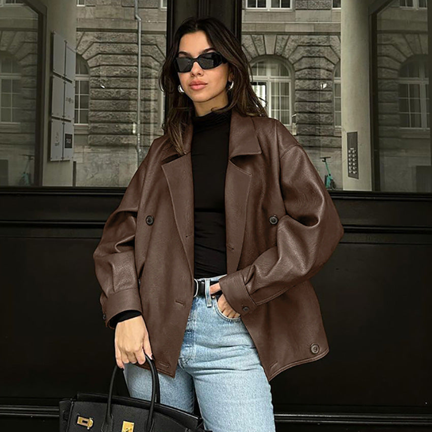 Damen Modische Oversized-Bomberjacke aus Kunstleder mit Knopfdetails Drune