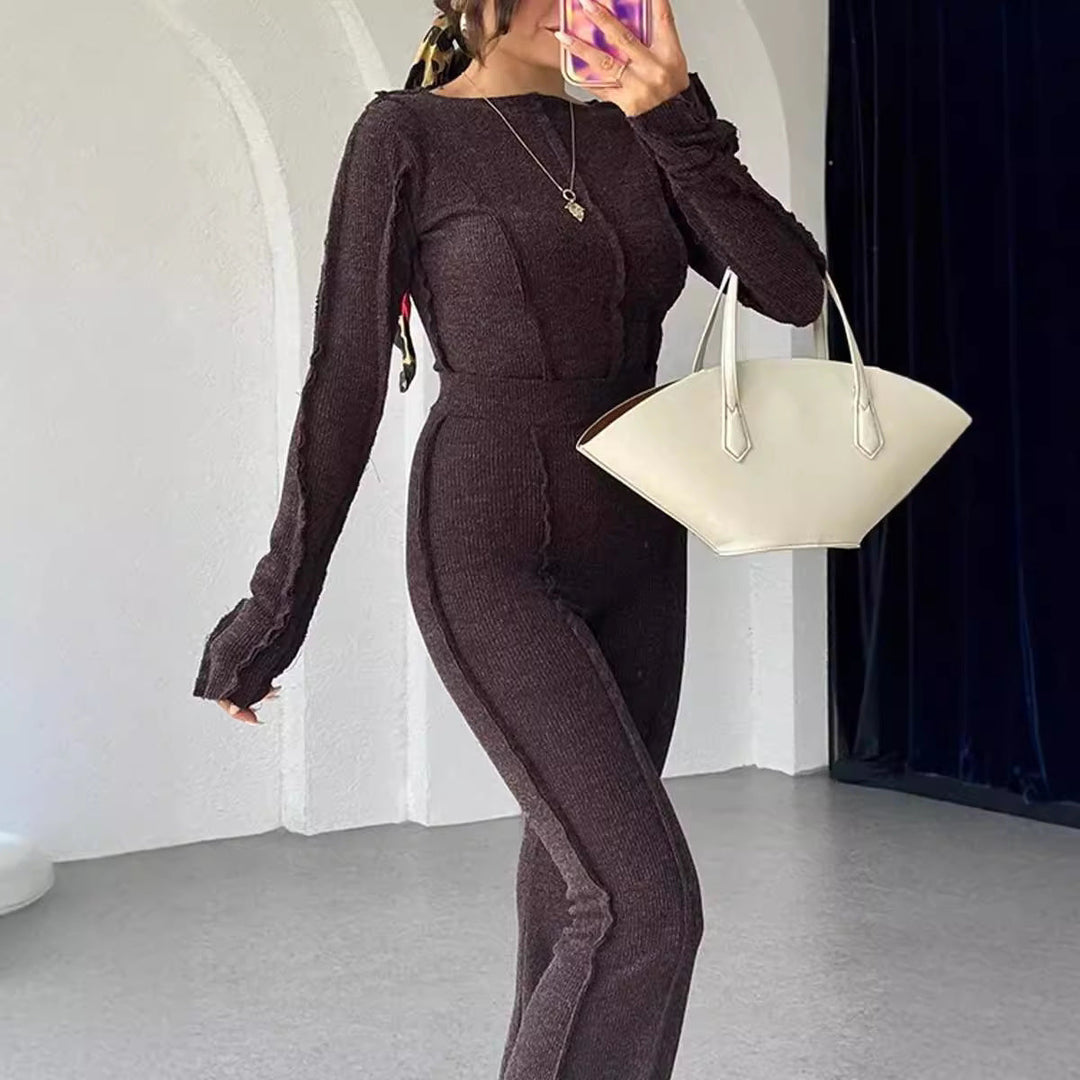 Drune | Satz Gerippter Strick Loungewear Slim Fit Gekürzter Pullover und Hochtaillierte Hose