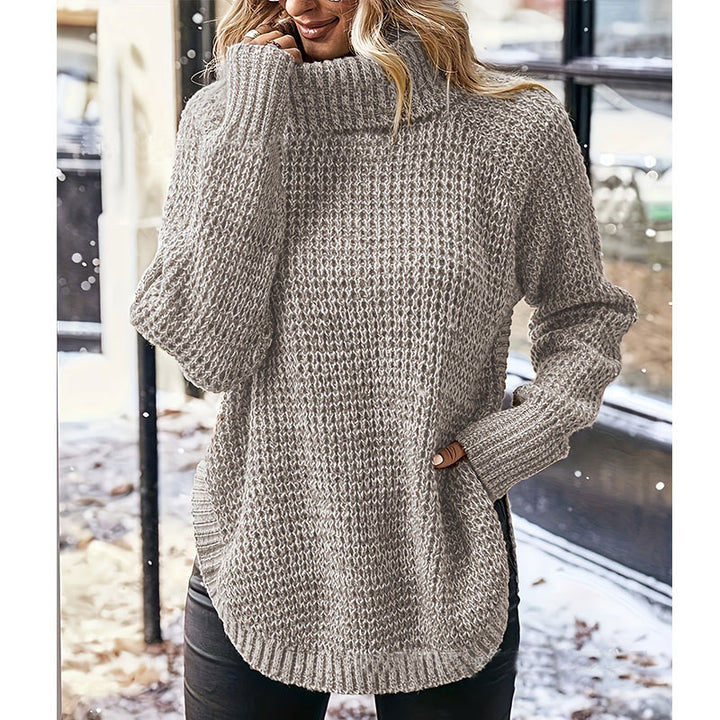 Damen Grobstrickpullover mit hohem Kragen und seitlichen Taschen Drune