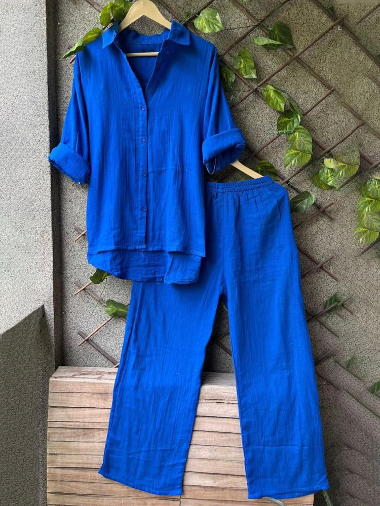 Damen lässiges Leinen-Hemd und Hose Set Drune
