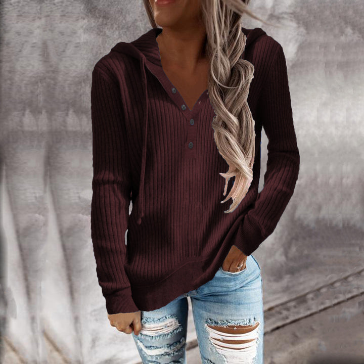 Damen Bequeme gestreifte Kapuzenpullover mit Knopfleiste Drune