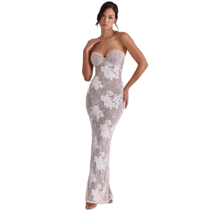 Damen Elegantes Spitzenabendkleid mit langem Arm und verführerischem Schnitt Drune