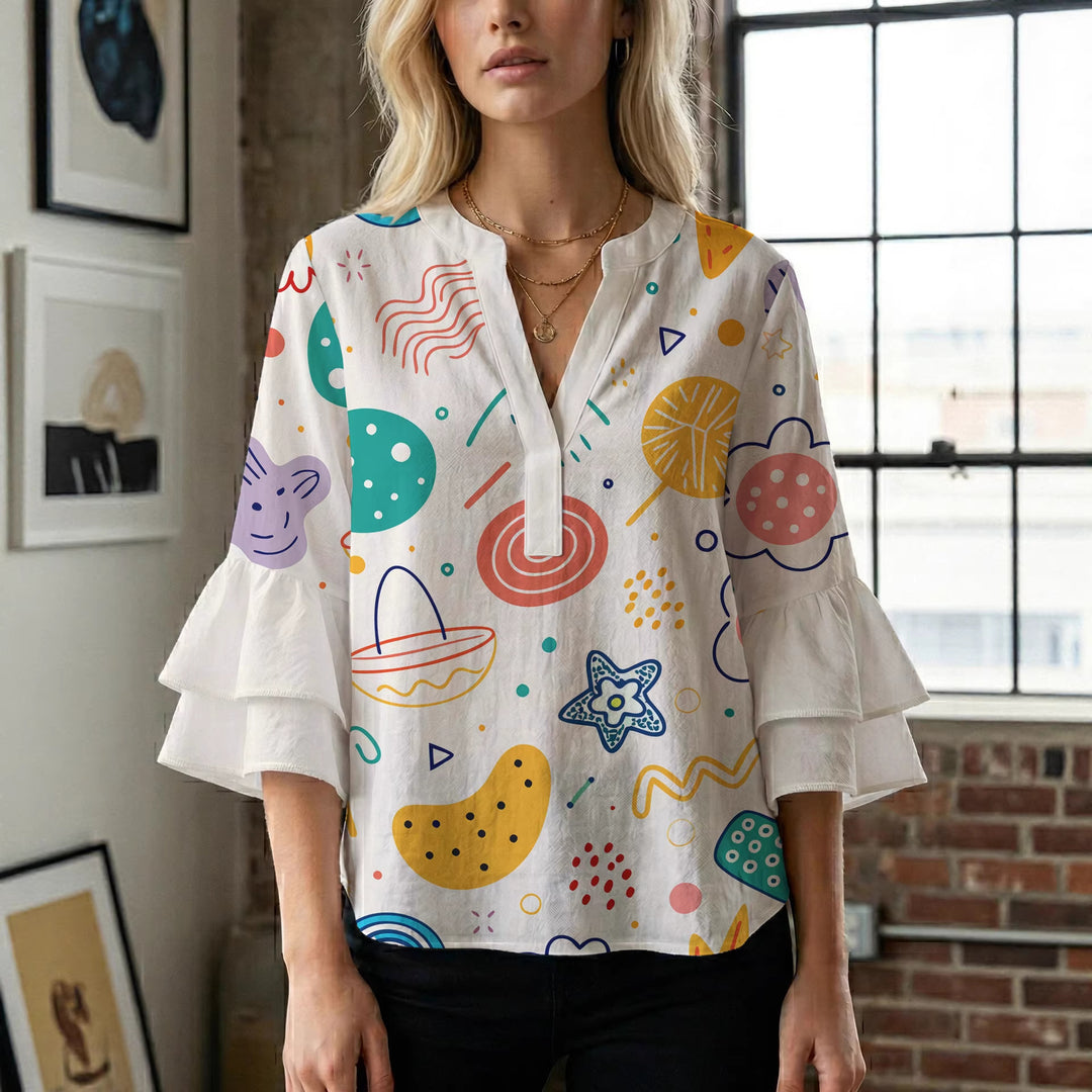 Damen Bluse mit voluminösen Rüschenärmeln und floralem Muster Drune