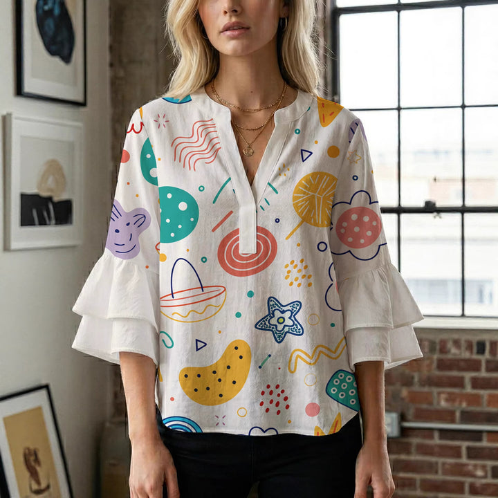 Damen Bluse mit voluminösen Rüschenärmeln und floralem Muster Drune