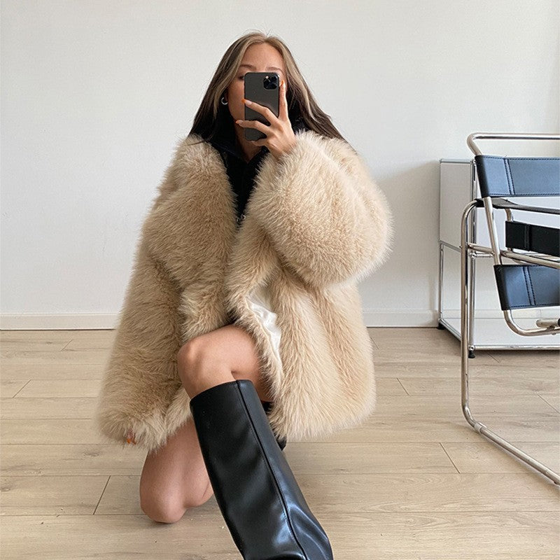 Damen luxuriöser Over-sized Kunstfellmantel Drune