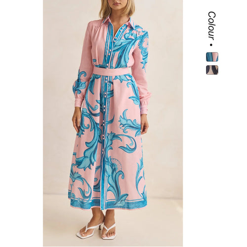 Damen Langarmhemdkleid mit floralen Akzenten und Taillengürtel Drune
