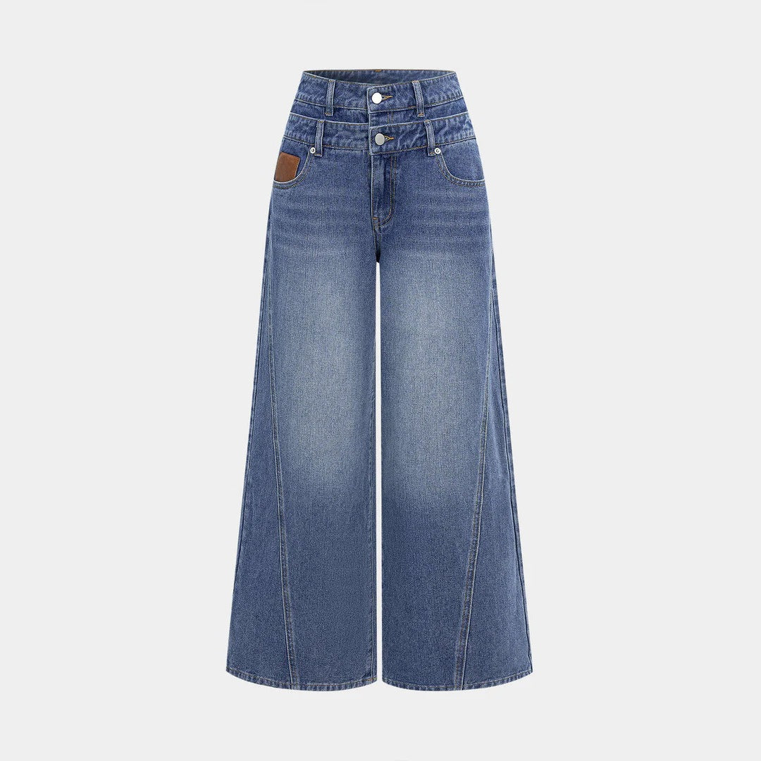 Damen nan hochgeschnittene Doppelbund-Jeansculotte mit weitem Cropped-Bein und sichtbaren Nahtpaneelen Drune