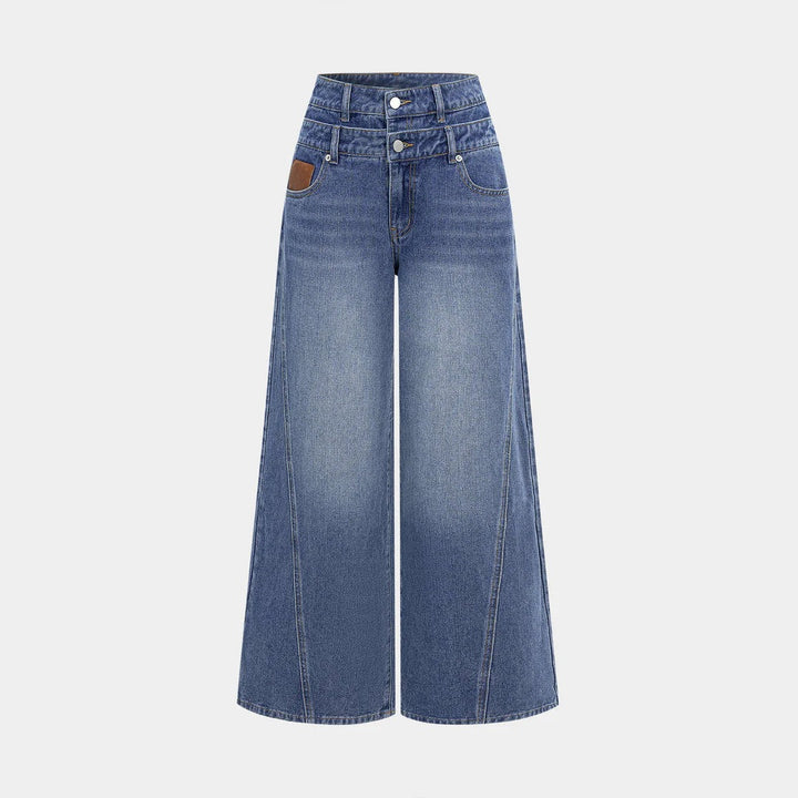 Damen nan hochgeschnittene Doppelbund-Jeansculotte mit weitem Cropped-Bein und sichtbaren Nahtpaneelen Drune
