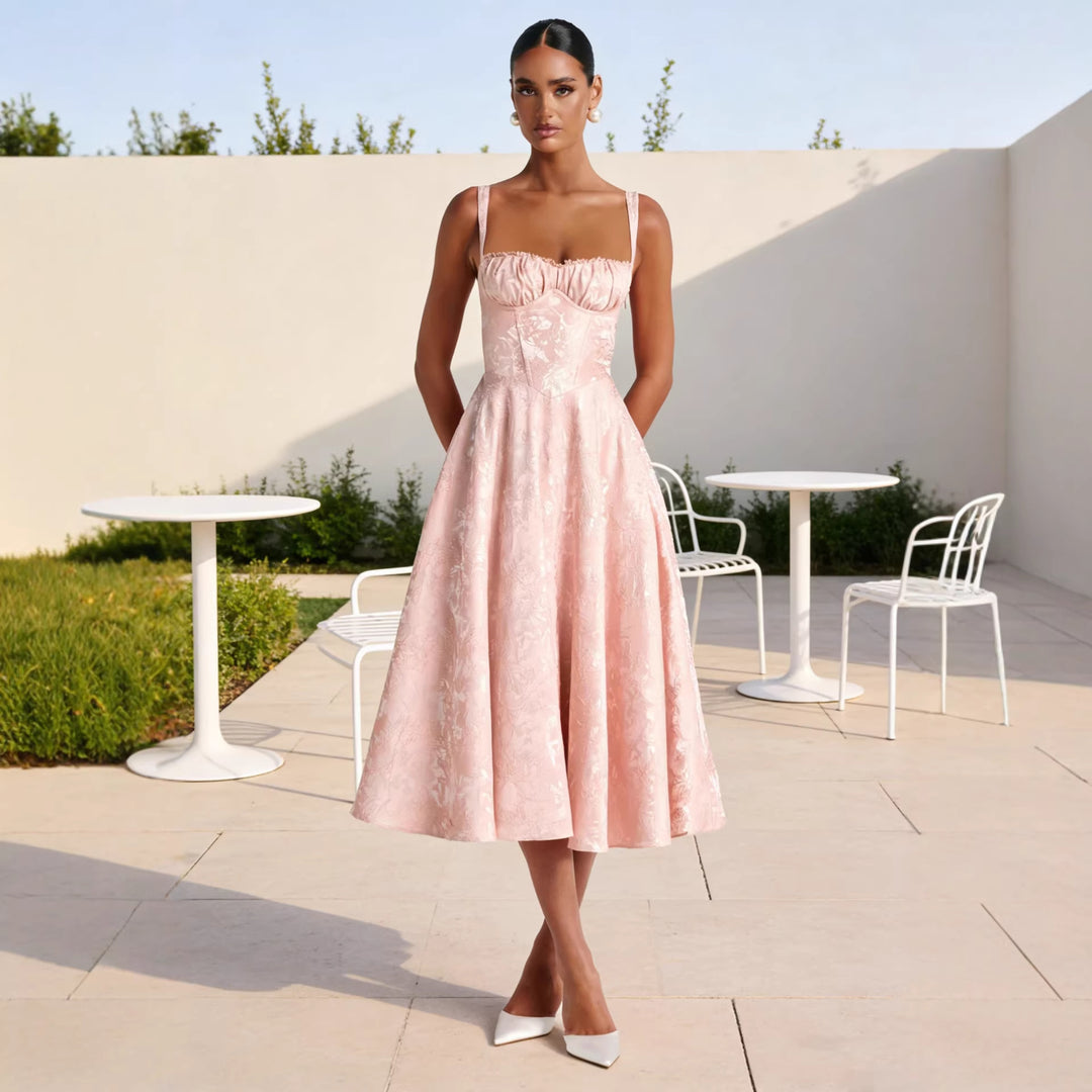 Damen Midikleid mit floralem Jacquard und schickem Bustier-Oberteil Drune