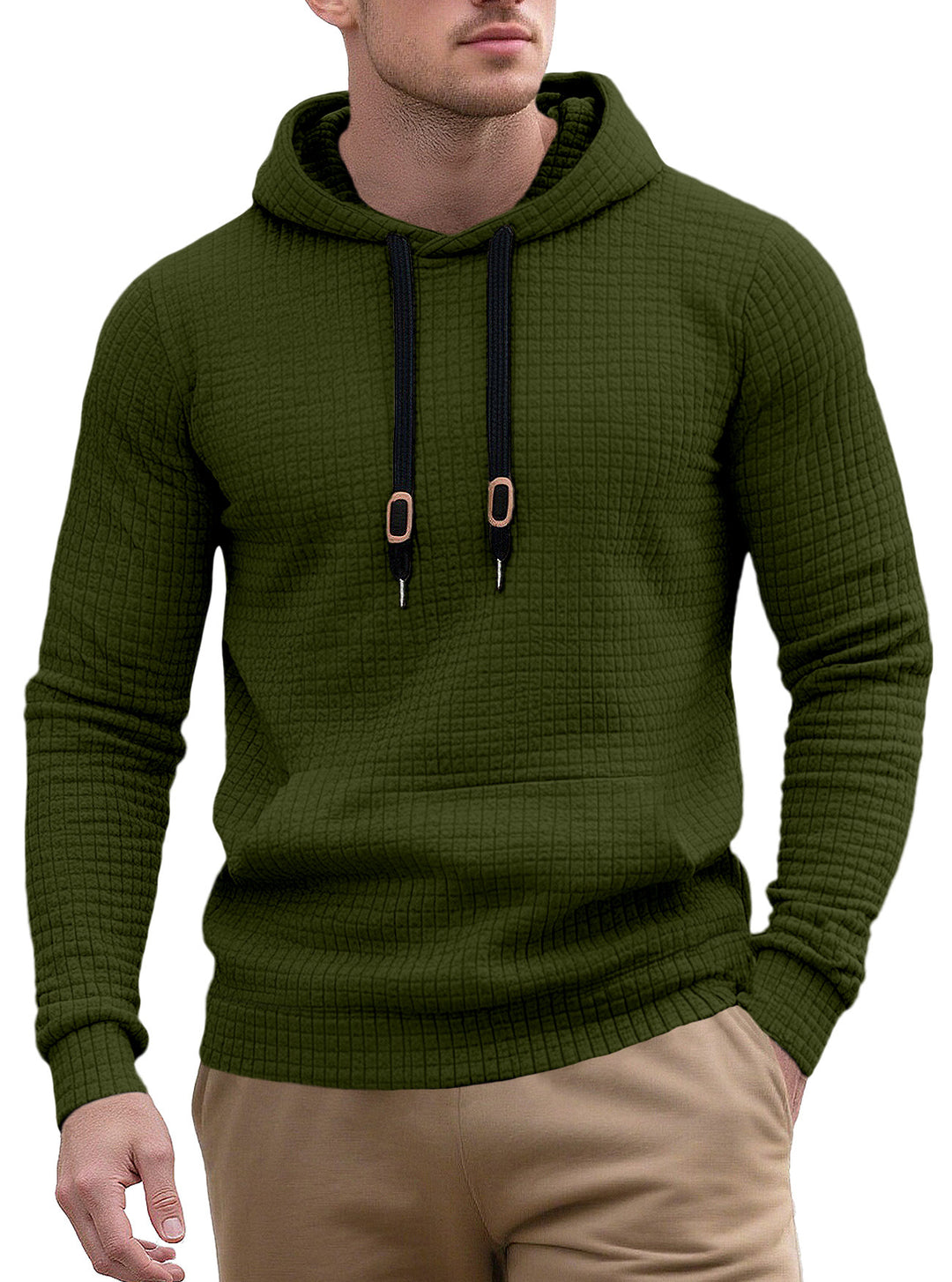 Herren nan schmal geschnittener Stepp-Kapuzenpullover mit feiner Quadratstruktur, Kordelzug und geripptem Saum Drune