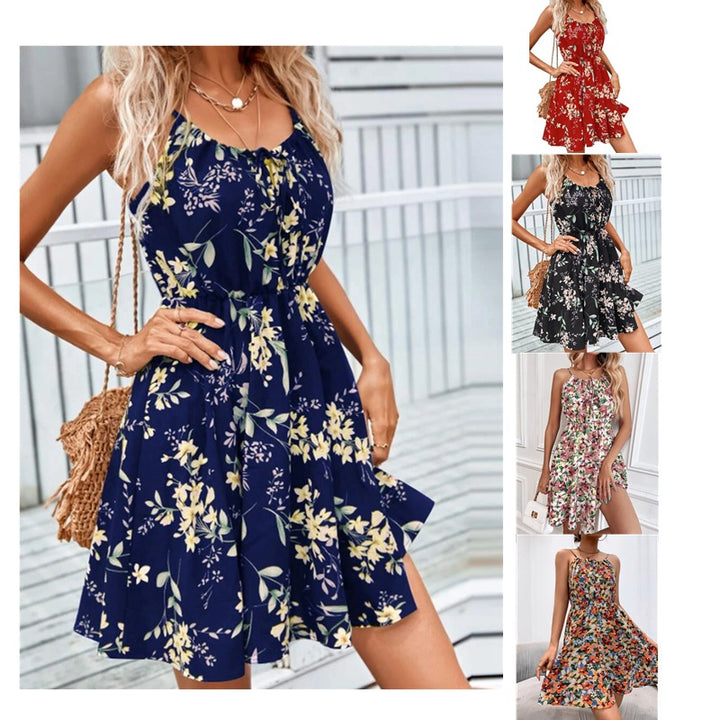Damen Blumenkleid mit verstellbaren Spaghettiträgern und elastischem Taillenbund Drune