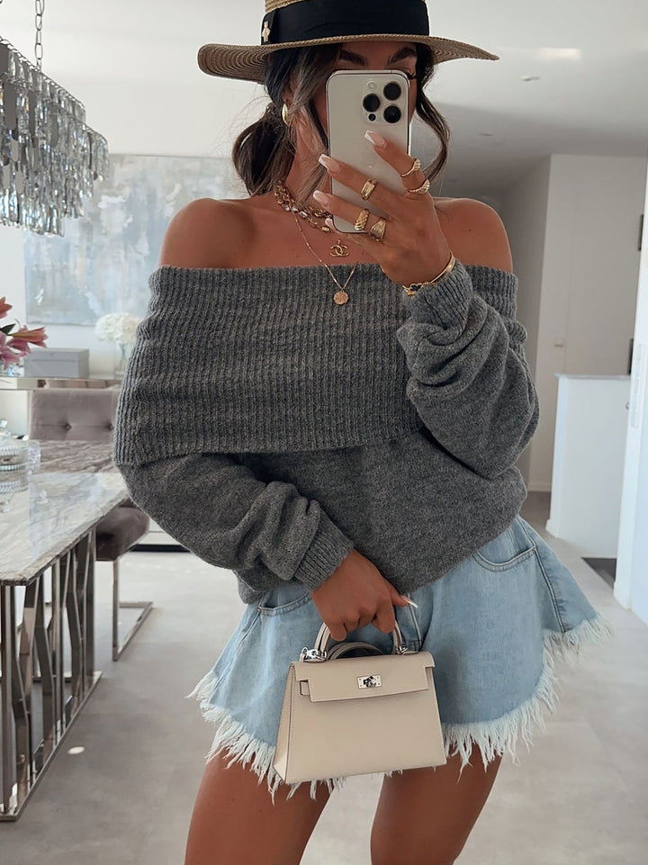 Damen lässiger Off-Shoulder Pullover mit Rippenstruktur Drune