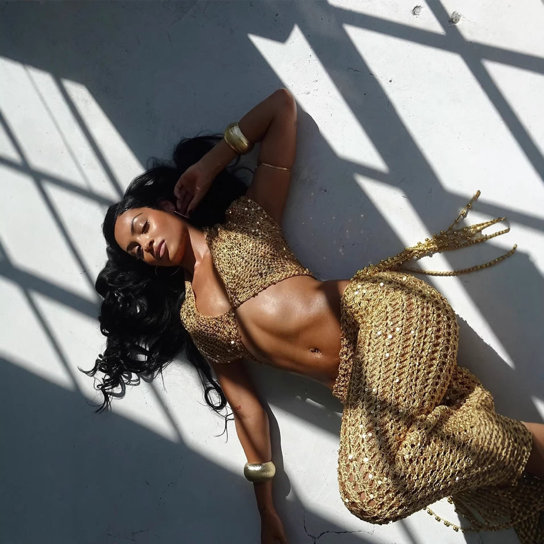 Damen Knöchellanges Glitzer-Overfit-Set mit funkelnden Details und fließendem Design Drune