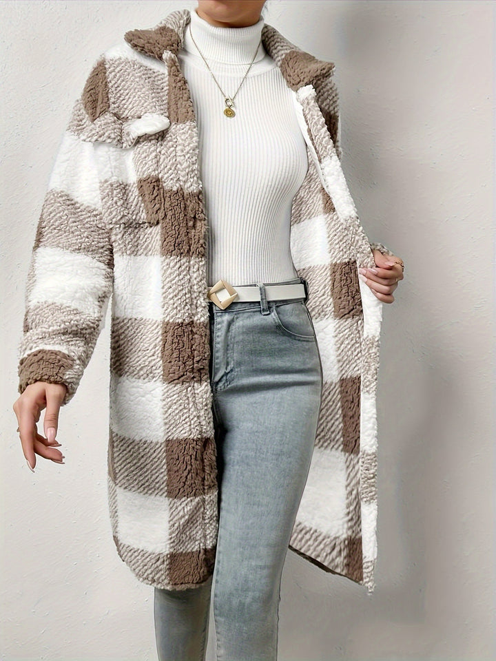Damen Teddy-Pulloverjacke mit kariertem Muster und praktischen Taschen Drune