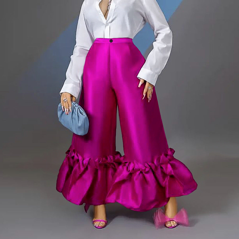 Damen elegante weite Hose mit voluminösem Rüschenabschluss Drune