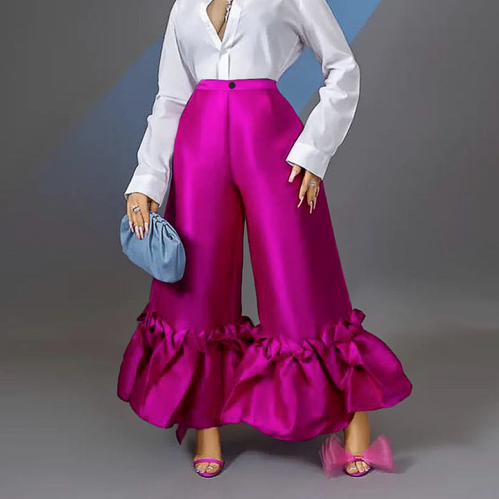 Damen elegante weite Hose mit voluminösem Rüschenabschluss Drune