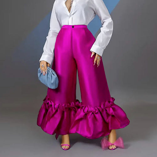 Damen elegante weite Hose mit voluminösem Rüschenabschluss Drune