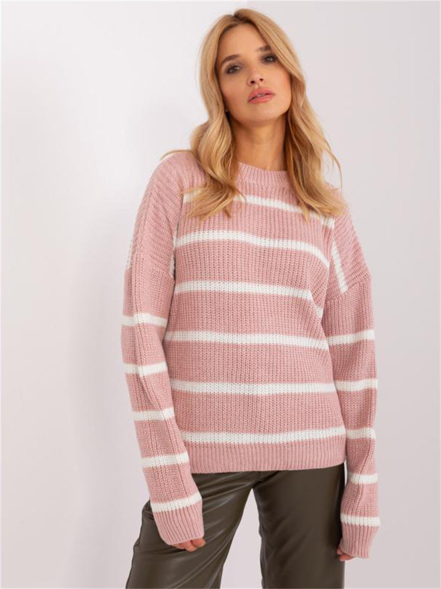 Damen Grobstrickpullover mit lässigem Streifenmuster und rundem Halsausschnitt Drune
