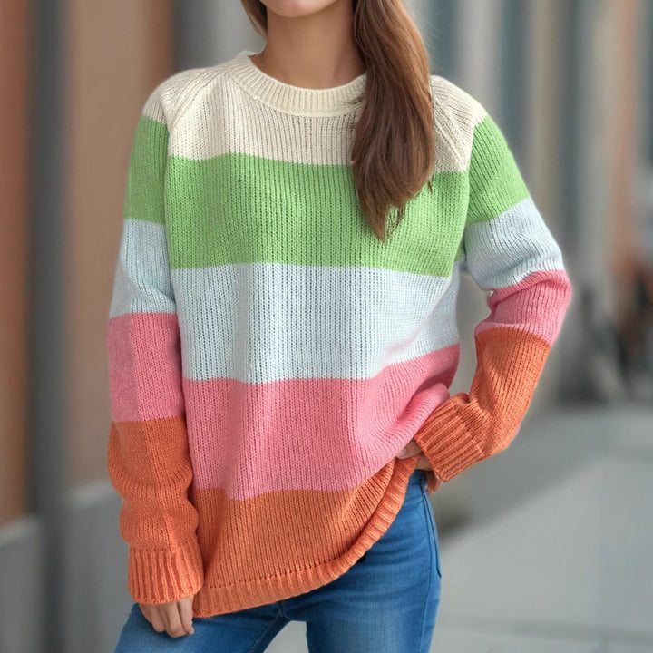 Damen gestreifter Strickpullover mit lässigem Schnitt und buntem Design Drune