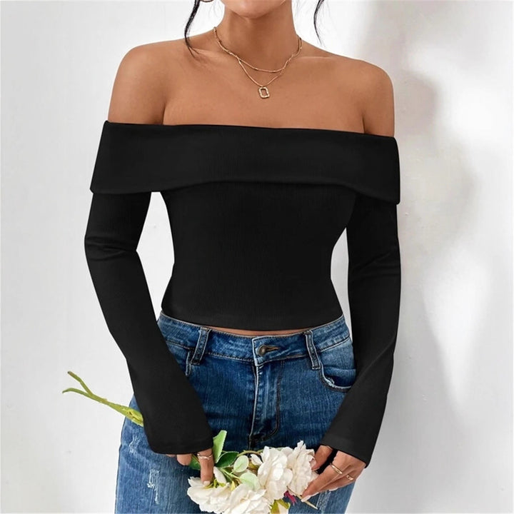 Damen Off-Shoulder Crop-Top mit langen Ärmeln und feiner Rippstruktur Drune