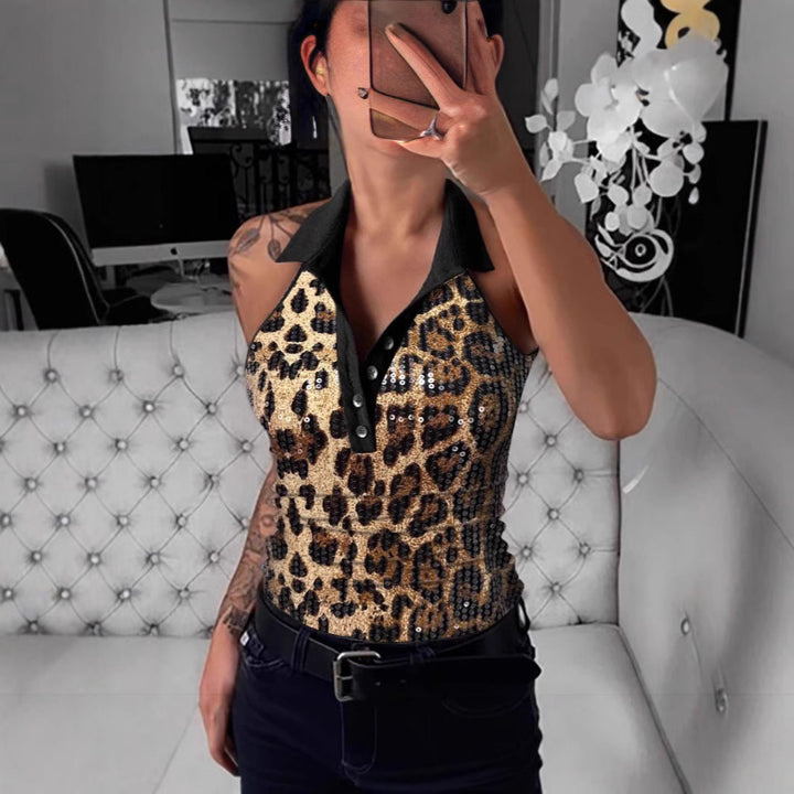 Damen Poloshirt mit funkelnden Pailletten und auffälligem Leopardenmuster Drune