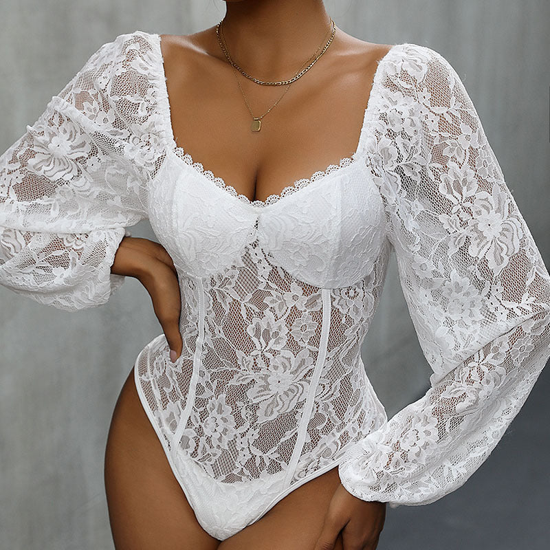 Damen Spitzenbody mit verführerischem Langarm-Design Drune