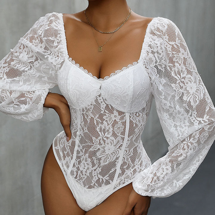 Damen Spitzenbody mit verführerischem Langarm-Design Drune