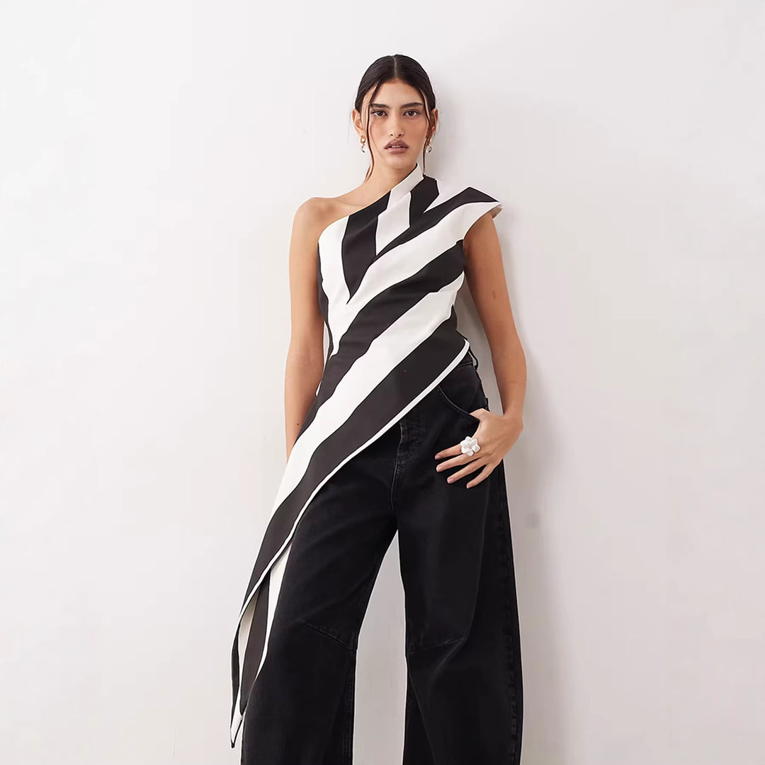 Damen asymmetrisches Wickeloberteil mit Streifenmuster Drune