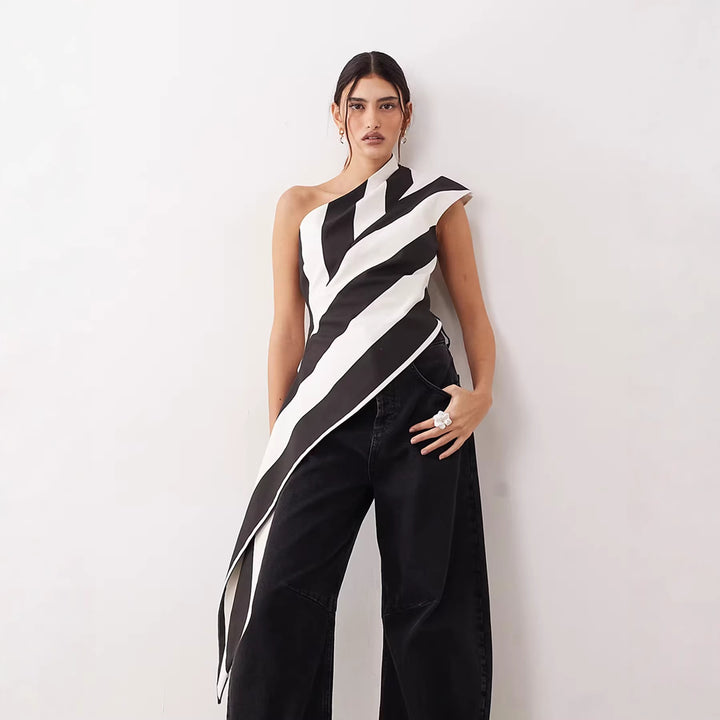 Damen asymmetrisches Wickeloberteil mit Streifenmuster Drune