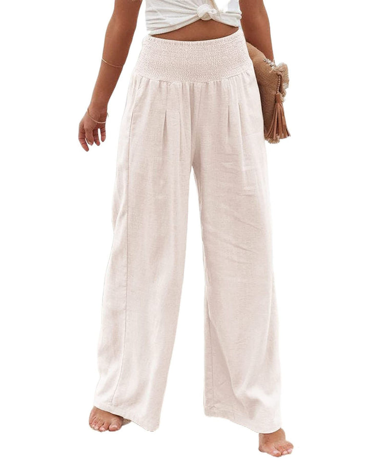 Damen Weite Leinenhose mit elastischem Bund und Falten Drune