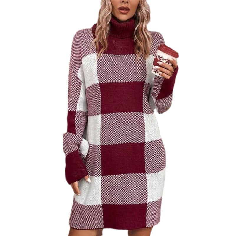 Damen Strickkleid mit hohem Kragen und Karomuster Drune