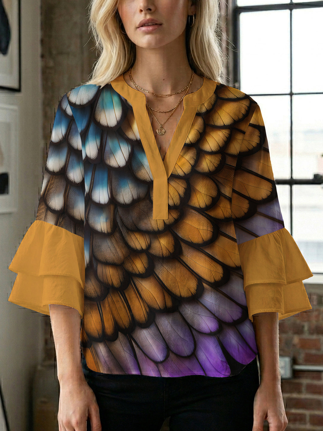Damen kunstvolles Oberteil mit Rüschensleeves Drune