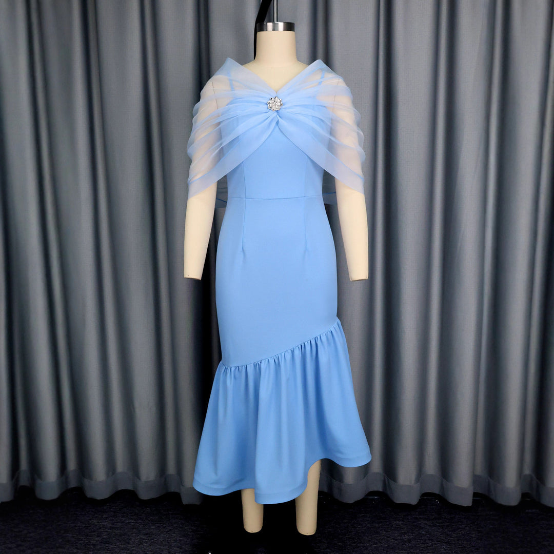 Damen elegantes Midikleid mit transparentem Chiffon-Cape und Floral-Applikation Drune