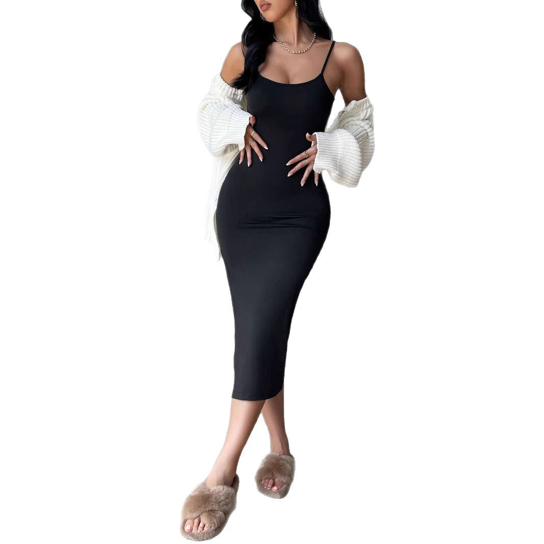Damen figurbetontes Maxi-Kleid mit schmalen Spaghettiträgern und seitlichem Schlitz Drune