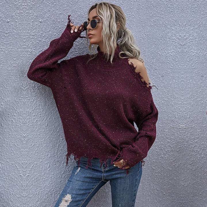 Damen lockerer Strickpullover mit asymmetrischem Saum und transparentem Cut-Out Drune